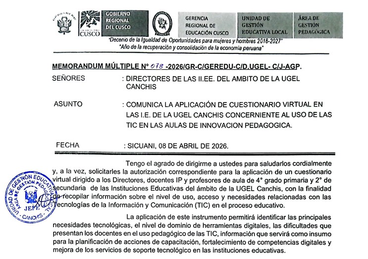 COMUNICA LA APLICACIÓN DE CUESTIONARIO VIRTUAL EN LAS LE. DE LA UGEL CANCHIS CONCERNiENTE AL USO DE LAS TIC EN LAS AULAS DE INNOVACION PEDAGOGICA.